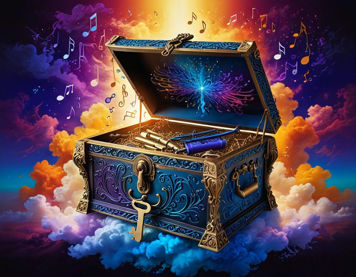 A mystical key unlocking a treasure chest overflowing with shimmering musical notes and vibrant lyrics, surrounded by swirling clouds of ink and parchment. In the background, an ethereal landscape featuring abstract representations of famous song lyrics comes to life. The scene is illuminated by warm, golden light, symbolizing insight and discovery. super-realistic. vibrant colors. fantasy art.