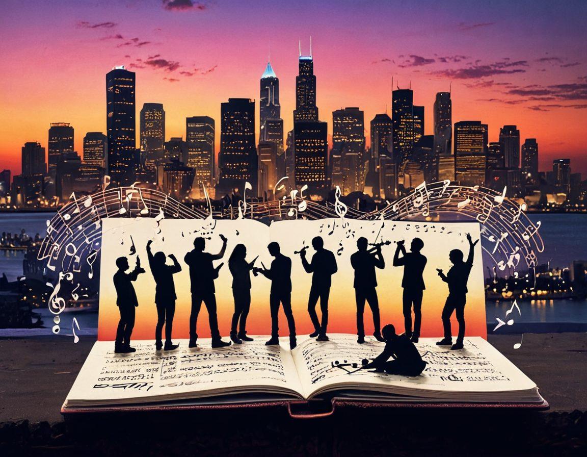 A dynamic scene featuring an open notebook with glowing, handwritten lyrics pouring out, intertwining with musical notes that float into the air, casting colorful shadows on a vibrant city skyline at dusk. Include silhouettes of diverse musicians in the background engaging with the music, expressing emotion through their body language. The atmosphere should feel energetic and inspirational. vibrant colors. super-realistic. digital art.