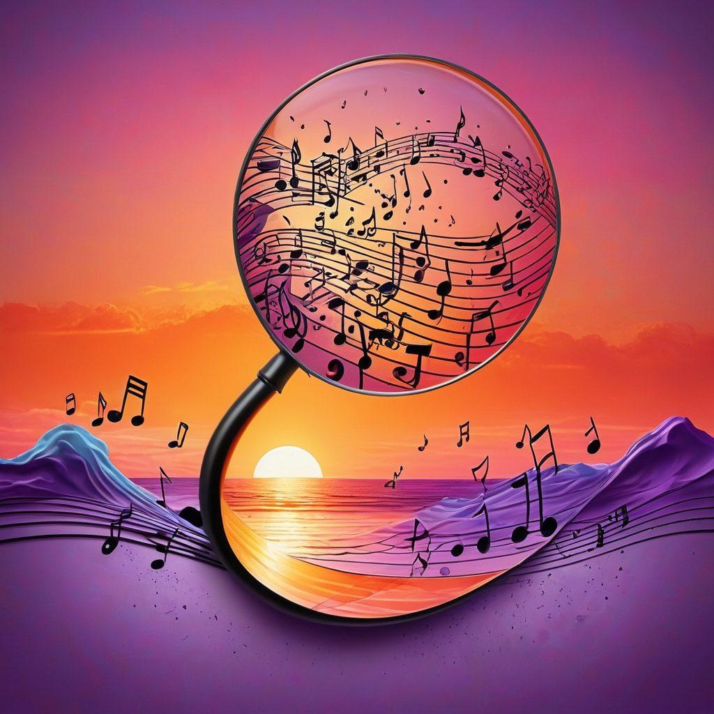 A beautifully arranged collage of musical notes, lyrics, and vibrant sound waves, intertwined with images of popular artists and iconic album covers, set against a backdrop of a serene sunset. The composition should evoke a deep emotional connection to music, with a hint of nostalgia and joy. Include visual elements that symbolize exploration and discovery, such as a magnifying glass and footprints. music-inspired art. vibrant colors. abstract background.